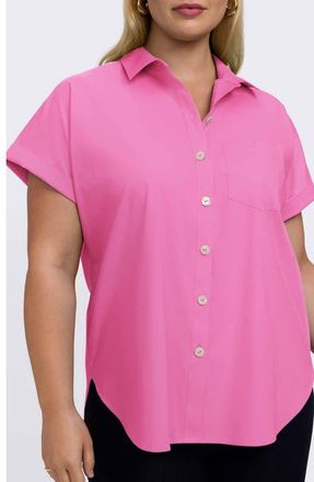 Foxcroft Abigail Short Sleeve Button-Up Shirt in Guava Pink at Nordstrom, Size 1X