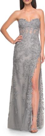 La Femme Embroidered Lace Fitted Prom Dress with Lace Edge Slit in Silver at Nordstrom, Size 00