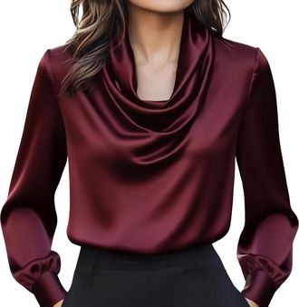 Generic Womens Satin Shirt Elegant Cowl Neck Long Sleeve Slik Like Shirts Ladies Business Casual Office Work Tops A01 (Z07-Wine, M)