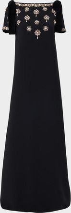 Carolina Herrera Embellished Bow-Shoulder Crepe Gown
