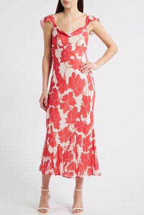 Rails Marigold Floral Flutter Sleeve Midi Dress in Scarlet Hibiscus at Nordstrom, Size X-Small