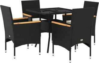 vidaXL Set Comedor Jard&iacute;n 5 Pzas Cojines Rat&aacute;n Sint&eacute;tico Vidrio Negro Vidaxl