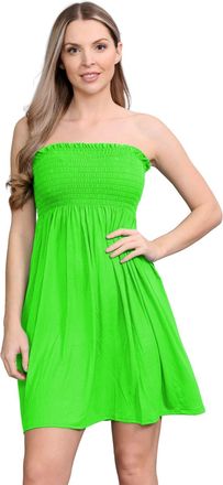Janisramone Womens Bandeau Dress, Boob Tube Sheering Ruched Flared Mini Dress, Plain Strapless Summer Dresses, Perfect Holiday & Beach Dresses for Women UK Neon G
