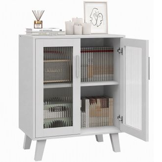 HOMCOM Homcom Aparador De 2 Puertas, Aparador De Sal&oacute;n Con 2 Estantes, Puertas Transparentes, Para Cocina, Entrada, Dormitorio, Blanco, 61x35x75 Cm