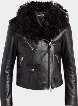 Tom Ford Curly Sheep Shearling Collar Leather Biker Jacket