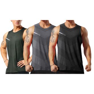 AlltheMen Mens Vest Running Sleeveless T-Shirt Gym Tank Top Singlet Quick-Dry Sports Training Vest Black+Grey+Green XXL