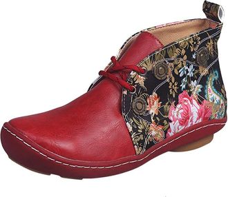 Generic Womens Boho Ankle Boots, Retro Floral Patchwork Leather Short Boots with Soft Cushioned Insole, Non Slip Sole, Artistic Vintage Style Walking Shoes wi