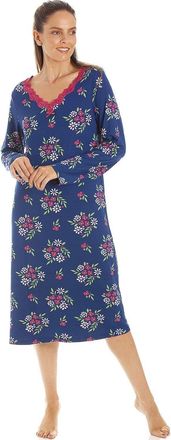 Camille Ladies Long Sleeved Nightdress - Floral Classic Spandex Womens Nightwear- Nightie with Lace Embroidered V-Neck Raspberry 10-12
