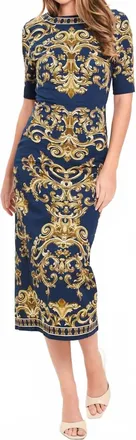Flying Tomato Nobel Golden Flourish Woven Midi Dress In Navy