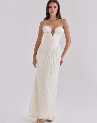House of CB Valeriana abito lungo senza spalline in chiffon bianco a micro pieghe
