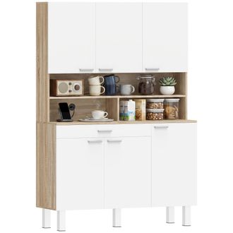 HOMCOM Homcom Alacena De Cocina Alta Con 6 Puertas Y Gran Caj&oacute;n, Estantes, Encimera Amplia, 120x40x175 Cm, Blanco Y Natural