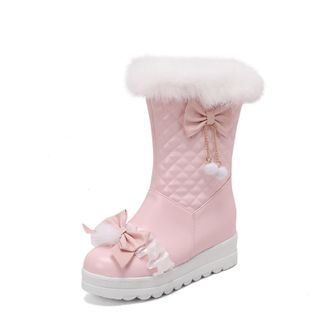 Generic Womens Mid-Calf Quilted Boots Faux Fur Trim Bow Pom-Pom Details Side Zip Platform Sole Round Toe Stylish Durable Comfortable Design,Pink,6.5 UK