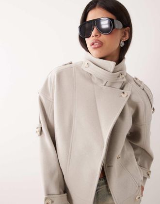 Gina Tricot Gina Tricot giacca corta stile bomber con collo alto a imbuto in lana marrone scuro