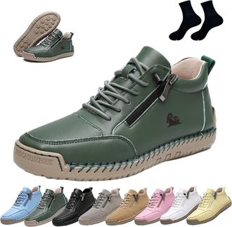 Generic Womens Handmade Leather Orthopedic Comfy Shoes - Lightweight Non-Slip Ankle Boots for Outdoor Casual Driving and Walking with Side Zipper(Green,10.5)