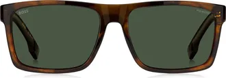 BOSS 59mm Polarized Rectangular Sunglasses in Brown Horn/Green Polar at Nordstrom