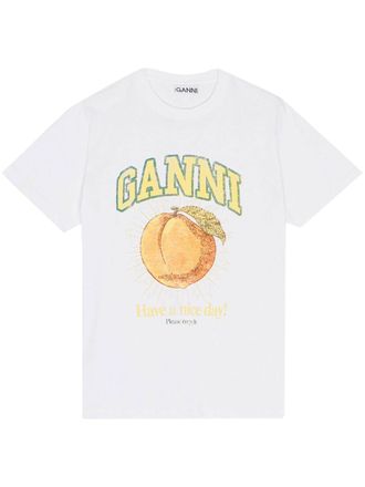 Ganni Pfirsich Druck Baumwoll -T -Shirt