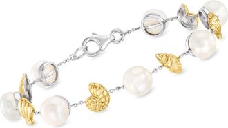 Ross-Simons 8-8.5mm Cultured Pearl Seashell Bracelet in Sterling Silver and 18kt Gold Over Sterling