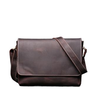 Generic Retro Mens Genuine Leather One-shoulder Bag Head Layer Cowhide Cross Style Large Capacity Casual Messenger(Dark Brown)