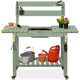 Best Choice Products Wood Garden Potting Bench Workstation Table w/ Sliding Tabletop, 4 Locking Wheels, Dry Sink