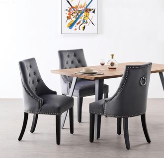 Life Interiors Life Interiors - Rocco Lux Windsor Comedor - Mesa De Comedor De Madera De Roble Y Juego De 4 Sillas De Comedor De Terciopelo Gris Oscuro - Comedor Coc