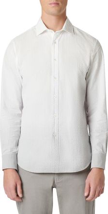 Bugatchi Axel Shaped Fit Woven Seersucker Cotton Button-Up Shirt in Platinum at Nordstrom, Size Xxx-Large