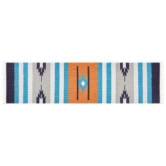 Beliani Alfombra Kilim De Algod&oacute;n Azul Gris Naranja 80 X 300 Cm A Mano Geom&eacute;trico Borlas Noratus