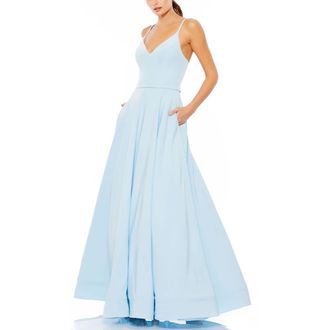 Mac Duggal Womens V-Neck Ball Gown with Belted A-Line Skirt in Powder Blue at Nordstrom, Size 10