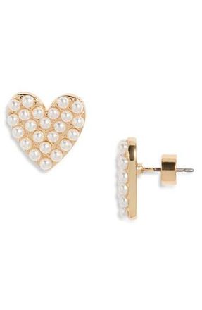 Nordstrom Faux Pearl Heart Stud Earrings in White- Gold at Nordstrom Rack