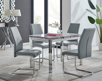 Furniturebox Enna White Glass Extending 4-6 Seater Dining Table & 4 Lorenzo Faux Leather Chairs in Grey