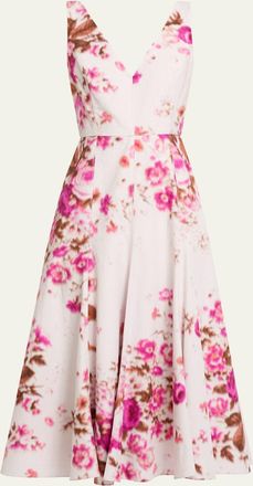Erdem Floral Print Cotton Sleeveless V-Neck Midi Dress