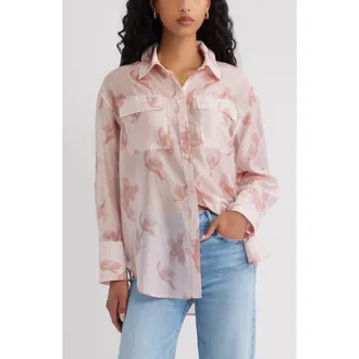 Open Edit Oversize Organza Button-Up Shirt in Pink Windy Hibiscus at Nordstrom, Size Xx-Small/x-Small