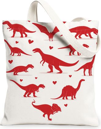 Generic Dinosaur Canvas Tote Bags, Cute Animal Design Reusable Grocery Bags, Summer Lightweight Washable Shoulder for Travel Beach, Red, 13x15 Inch