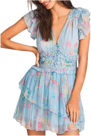 LoveShackFancy Blauwe Bloemen Marisela Mini Jurk - Dames - Korte kleedjes - Blauw - XL - Kleedjes