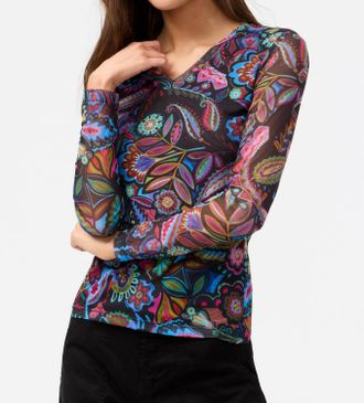 Johnny Was V-Neck Long Sleeve Mesh Tee In Dark Silvana