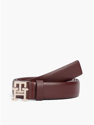 Tommy Hilfiger Womens Monogram Buckle Smooth Leather Belt - Oxblood - 40