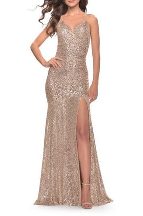 La Femme Long Sequin Gown with Dramatic Flare Skirt and Slit in Rose Gold at Nordstrom, Size 12
