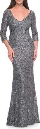 La Femme Fitted Beaded Lace Evening Gown with Ruching in Gunmetal at Nordstrom, Size 16