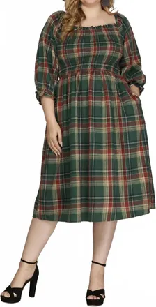 She + Sky Plaid Smocked Midi Dress In Green