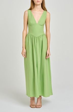 Wayf Vivia Plunge Neck Drop Waist Midi Dress in Pistachio at Nordstrom, Size X-Large