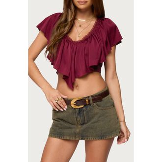 Edikted Deena Ruffle V-Neck Top in Burgundy at Nordstrom, Size X-Large