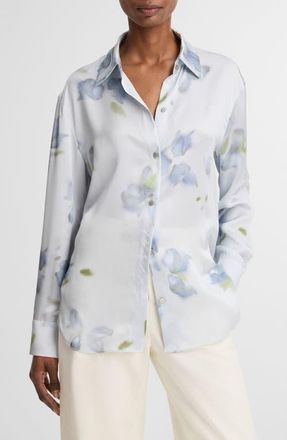 Vince Petal Blur Floral Silk Button-Up Shirt in Soft Grey at Nordstrom, Size Xx-Small