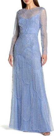 Mac Duggal Beaded Mesh High Neck Long Sleeve A Line Gown in Periwinkle at Nordstrom, Size 16