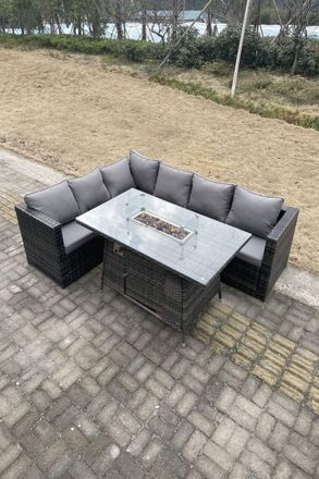 Fimous 6 Seater Outdoor Rattan Garden Corner Sofa Furniture Gas Fire Pit Table Heater in Dark Grey