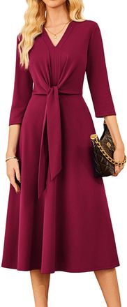 Grace Karin Work Dresses for Women 2025,Business Casual 3/4 Sleeve Midi Dress,Office A Line Dresses, Wine Red, XXL