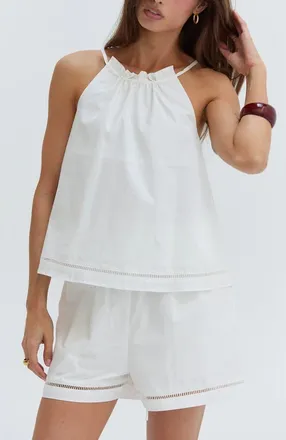 Crescent Poplin Lattice Trim Halter Top in White at Nordstrom, Size Medium
