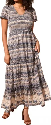 Tribal Lined Short Sleeve Ruched Top Maxi Dress In Scuba Blue