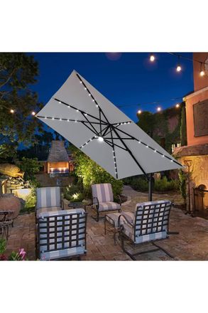 Living and Home 2.96m W x 3m D Square Cantilever Parasol with Solar-Powered LED Lights in Light Grey