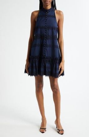 Cinq &agrave; Sept Malena Lace Detail Stretch Cotton Trapeze Minidress in Navy at Nordstrom Rack, Size 14