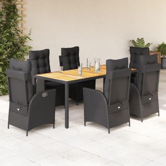 vidaXL Set De Comedor De Jard&iacute;n 7 Pzas Y Cojines Rat&aacute;n Sint&eacute;tico Negro