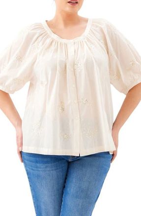Karen Kane Floral Embroidered Button-Up Peasant Top in Natural at Nordstrom, Size 0X